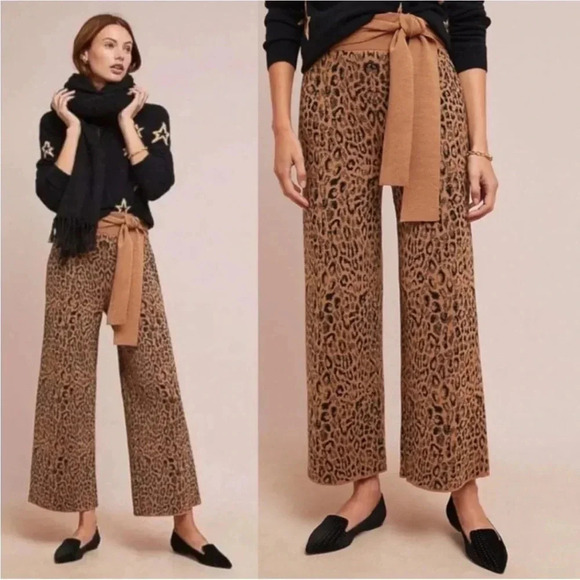 Anthropologie Moth Tan Animal Print Wide Leg Wool Blend Knit Pants Med sweater - Picture 1 of 7